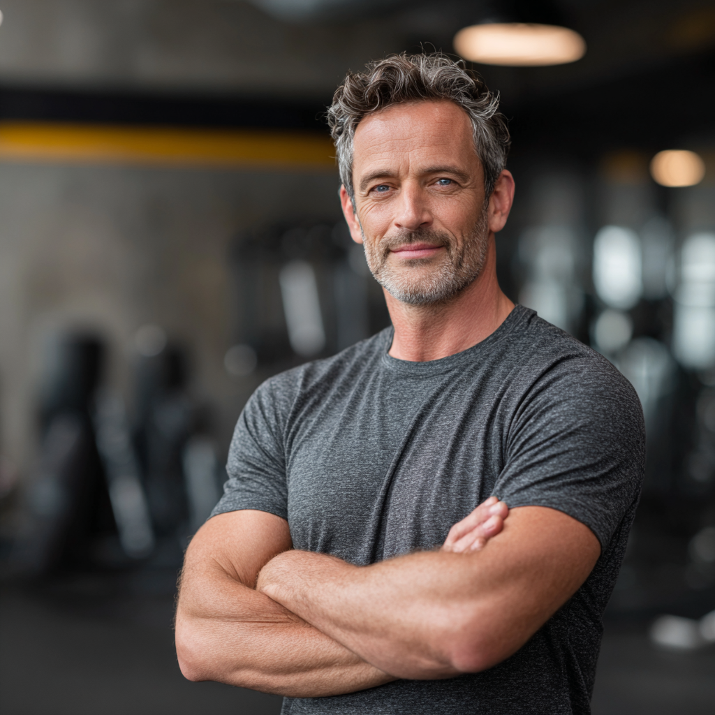 Confident middle-aged man after successful fitness transformation