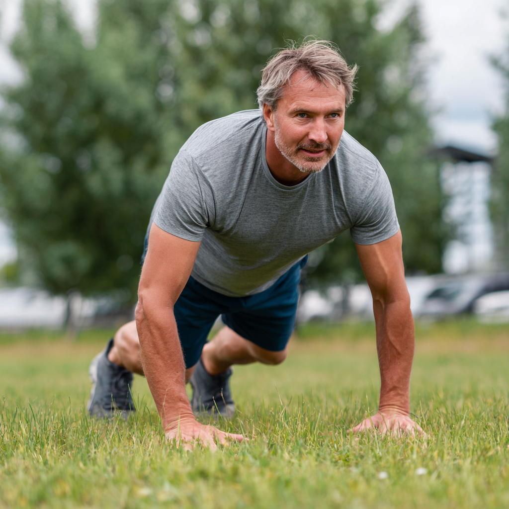 Middle-aged man doing functional movement exercises outdoors